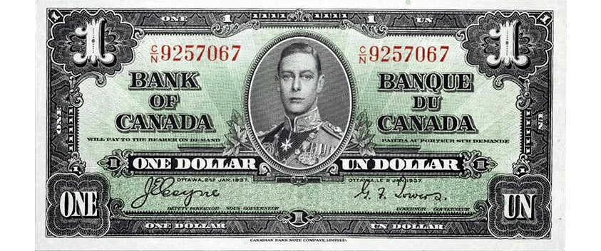 1937 Bank of Canada $1 One Dollar Bill Currency Bank Note